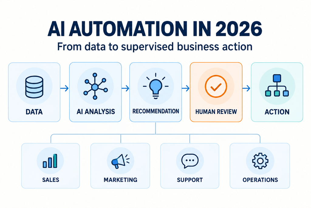 AI automation in 2026 workflow from data to human review and business action